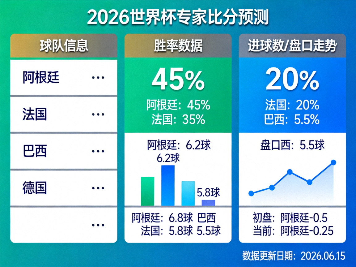 2026世界杯专家比分预测数据面板，显示各球队胜率、进球数及盘口走势